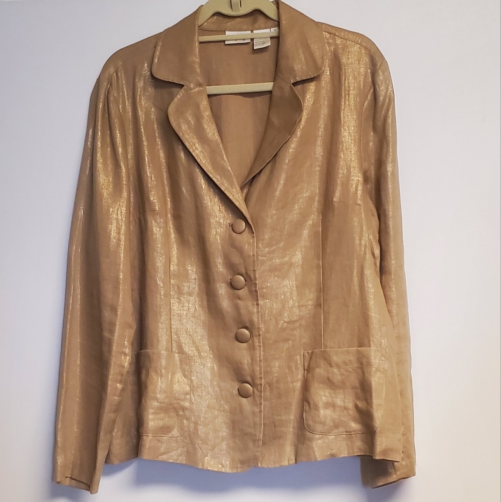 Vintage Spiegel Tan Gold Metalic 100% Linen Blazer Jacket Size 18 - Picture 2 of 9